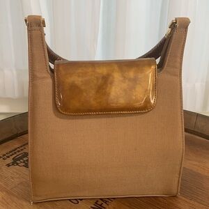 Stuart Weitzman Gold Vintage Silk / Patent Leather Top Handle Evening Bag Spain